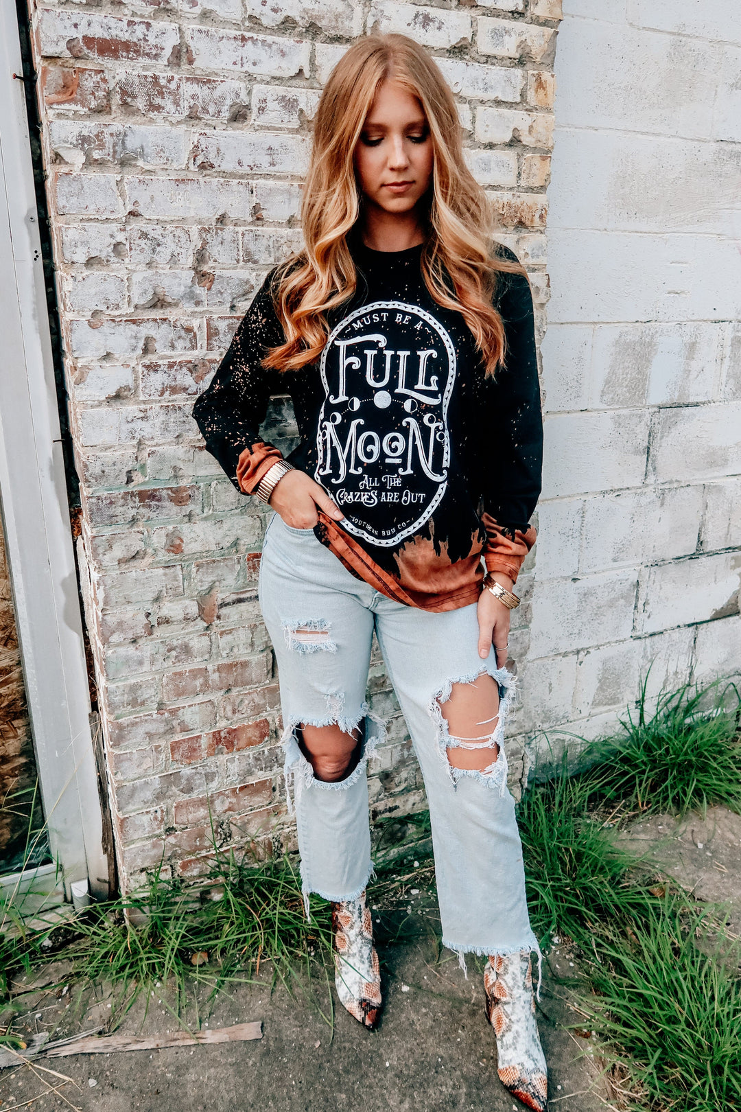 Full Moon Bleached Longsleeve-Graphic Tees-Krush Kandy, Women's Online Fashion Boutique Located in Phoenix, Arizona (Scottsdale Area)