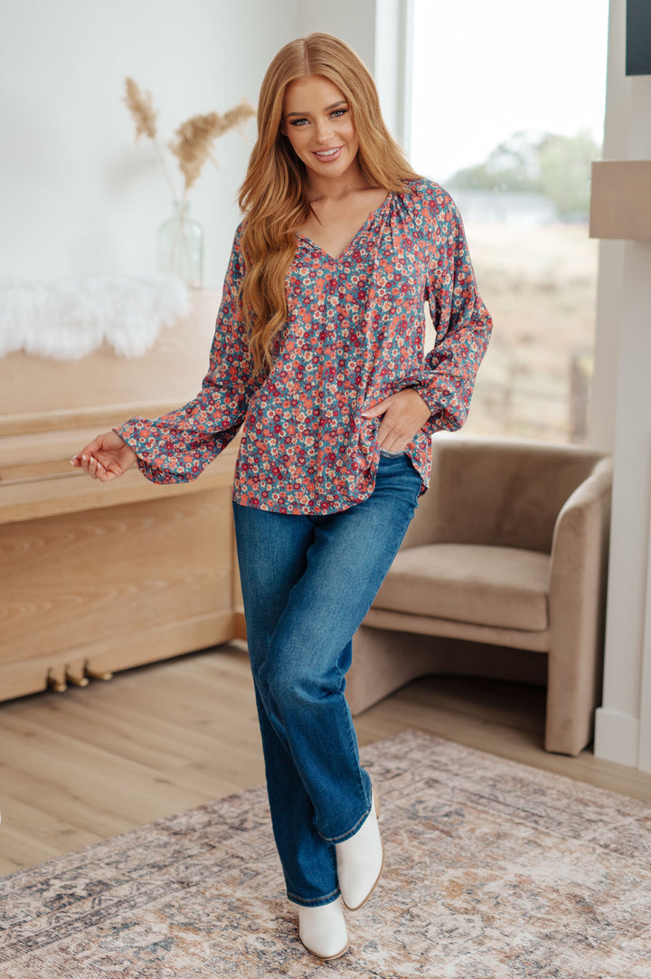 Sunday Brunch Blouse in Denim Floral-Long Sleeve Tops-Krush Kandy, Women's Online Fashion Boutique Located in Phoenix, Arizona (Scottsdale Area)