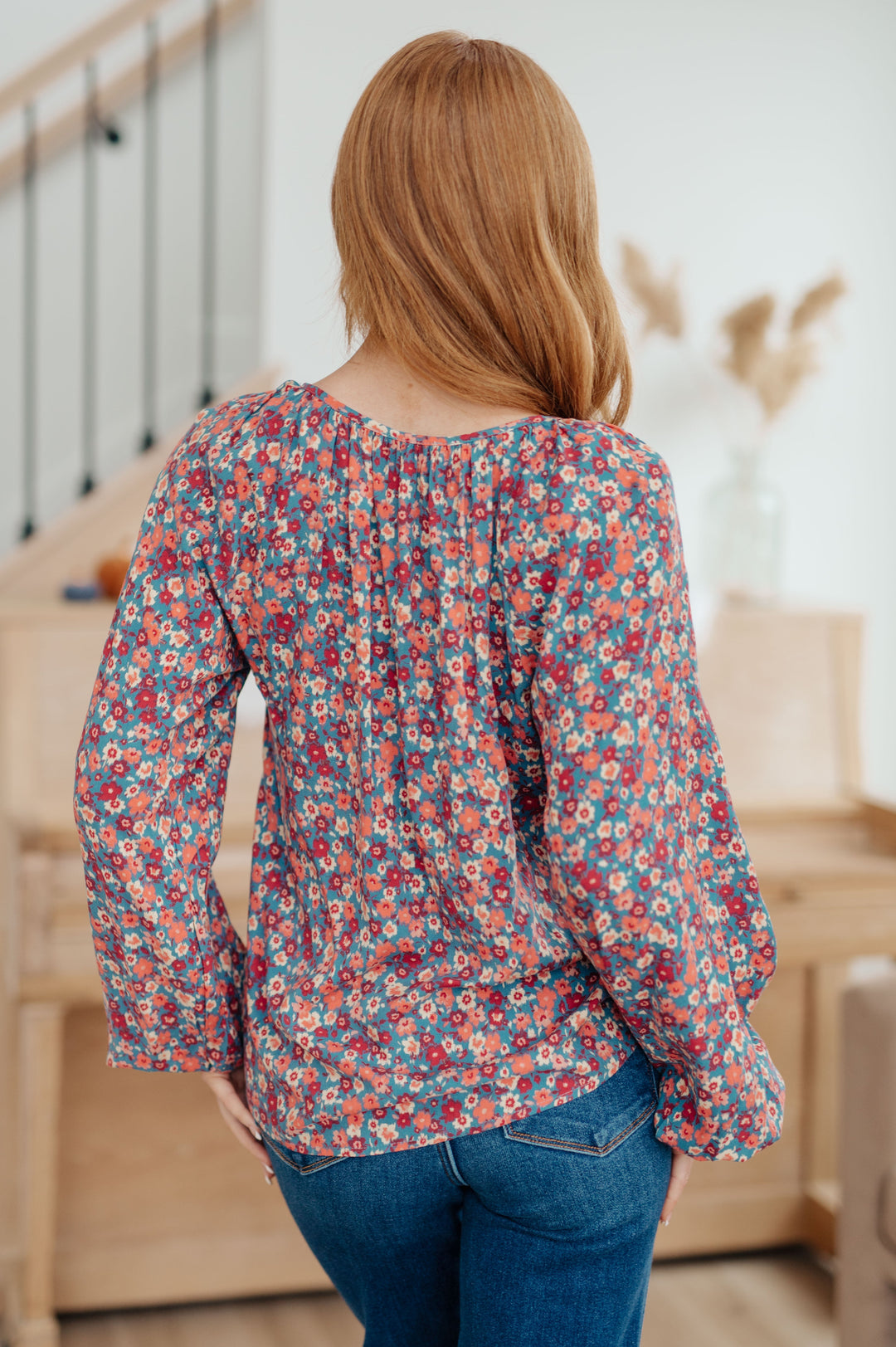 Sunday Brunch Blouse in Denim Floral-Long Sleeve Tops-Krush Kandy, Women's Online Fashion Boutique Located in Phoenix, Arizona (Scottsdale Area)