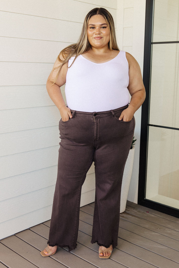 Judy Blue Sybil High Rise Frayed Hem 90's Straight Jeans in Brown-Jeans-Krush Kandy, Women's Online Fashion Boutique Located in Phoenix, Arizona (Scottsdale Area)