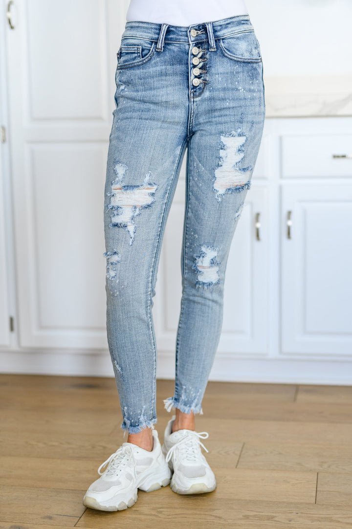 Judy Blue Talulla Bleach Splash Button Fly Destroyed Skinny Jeans-Jeans-Krush Kandy, Women's Online Fashion Boutique Located in Phoenix, Arizona (Scottsdale Area)