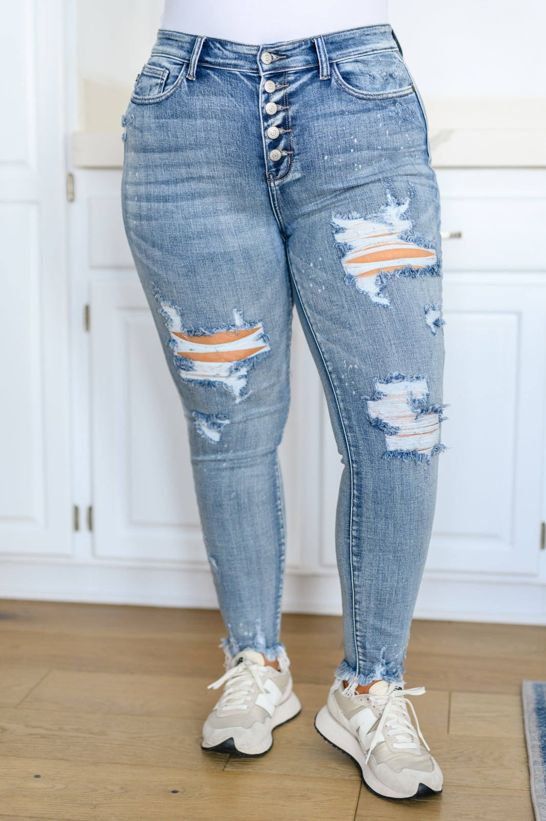 Judy Blue Talulla Bleach Splash Button Fly Destroyed Skinny Jeans-Jeans-Krush Kandy, Women's Online Fashion Boutique Located in Phoenix, Arizona (Scottsdale Area)