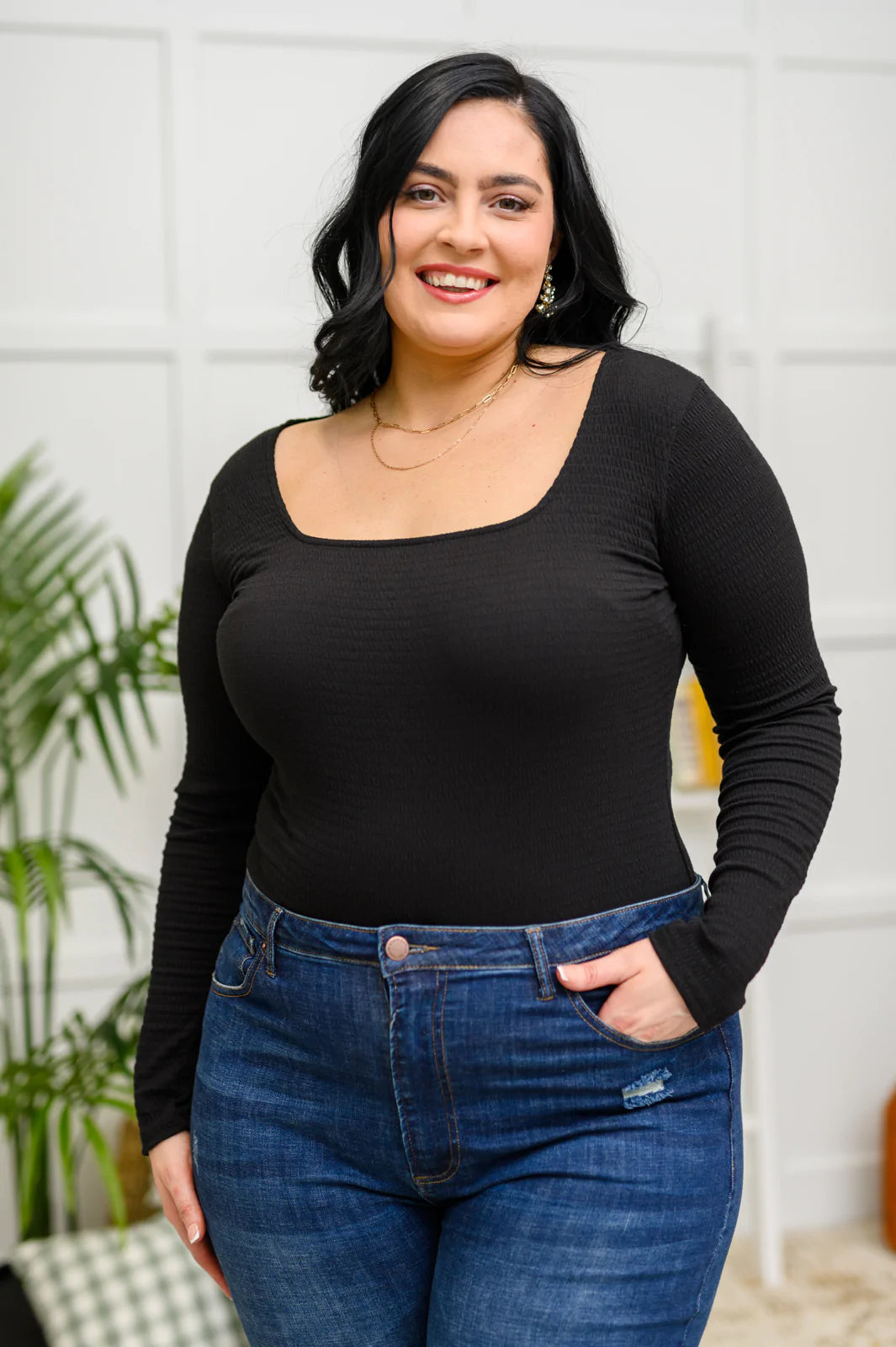 The Trisha Textured Square Neck Bodysuit in Black | S-3XL-Bodysuits-Krush Kandy, Women's Online Fashion Boutique Located in Phoenix, Arizona (Scottsdale Area)