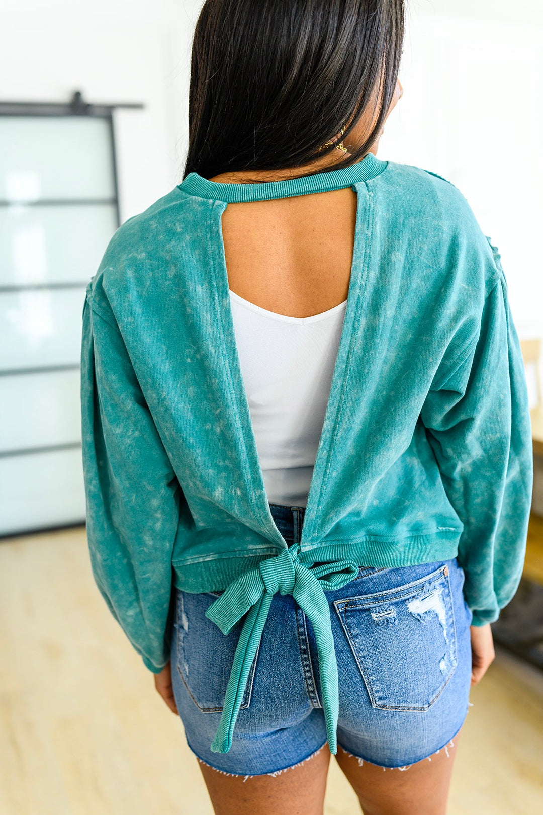 Tied Up In Cuteness Mineral Wash Sweater in Teal-Sweaters-Krush Kandy, Women's Online Fashion Boutique Located in Phoenix, Arizona (Scottsdale Area)