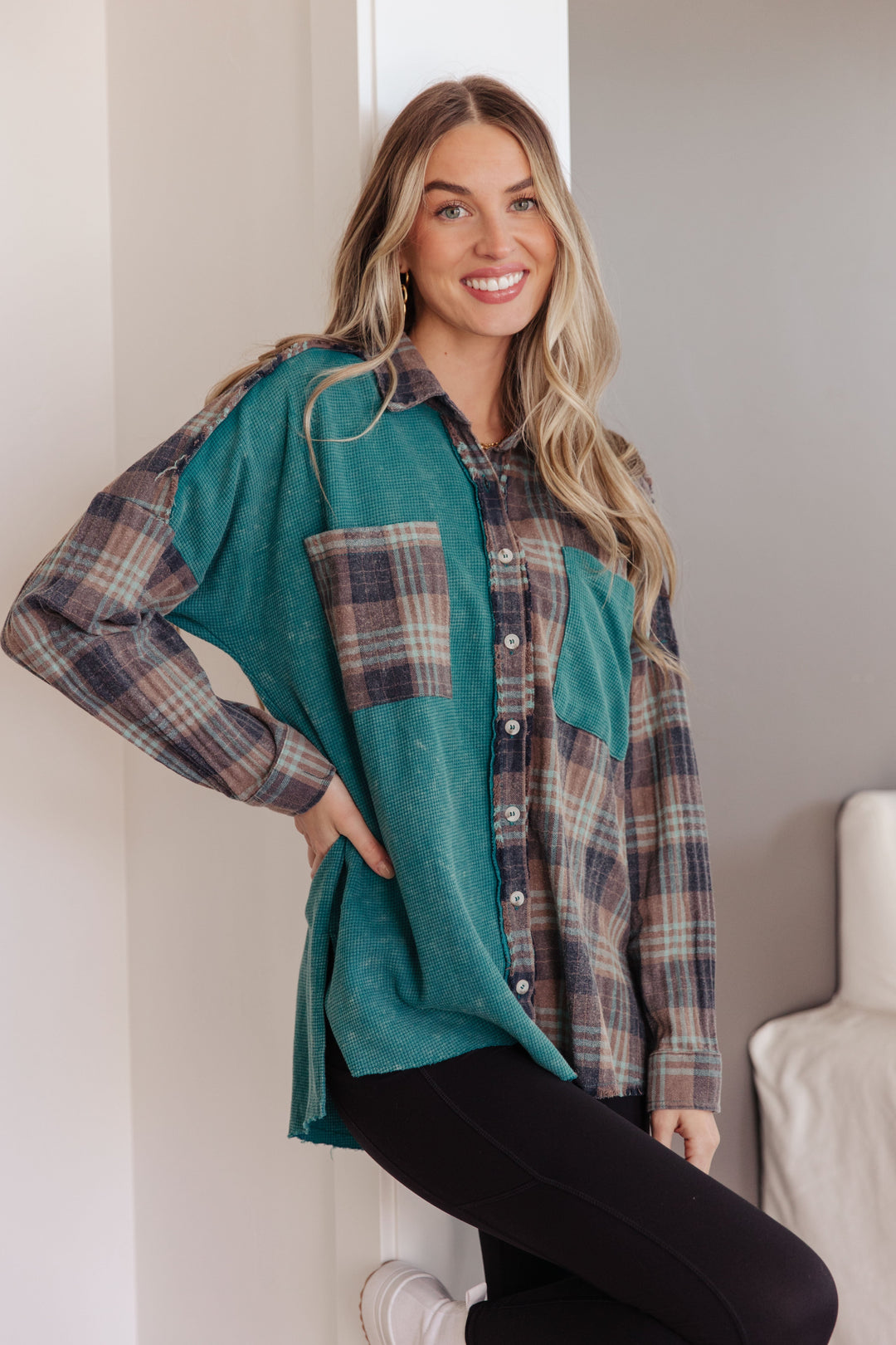 Tied for Time Thermal Plaid Button Up-Long Sleeve Tops-Krush Kandy, Women's Online Fashion Boutique Located in Phoenix, Arizona (Scottsdale Area)