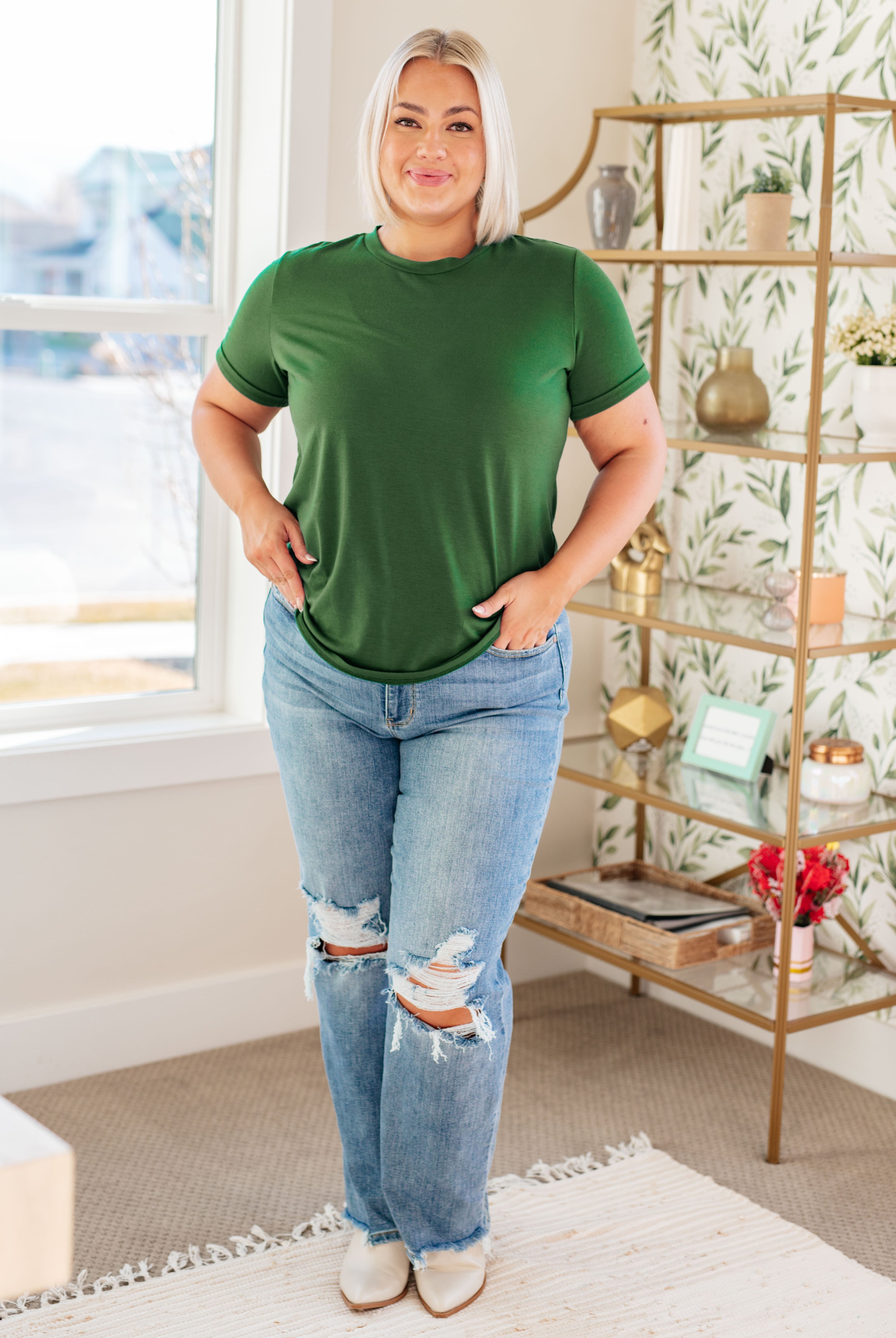Uptown Crew T-Shirt in Green-Short Sleeve Tops-Krush Kandy, Women's Online Fashion Boutique Located in Phoenix, Arizona (Scottsdale Area)