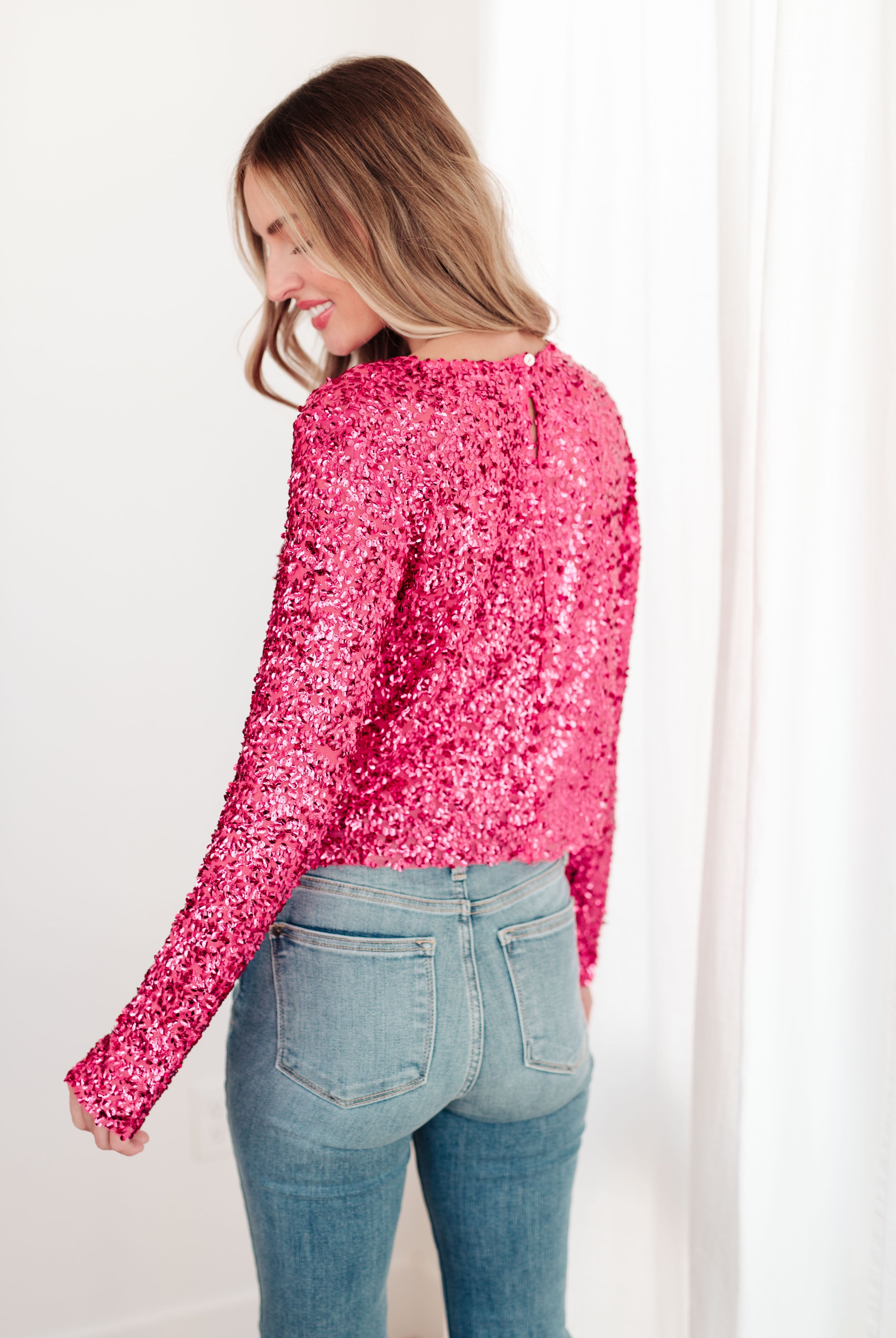 You Found Me Sequin Top in Fuchsia-Long Sleeve Tops-Krush Kandy, Women's Online Fashion Boutique Located in Phoenix, Arizona (Scottsdale Area)