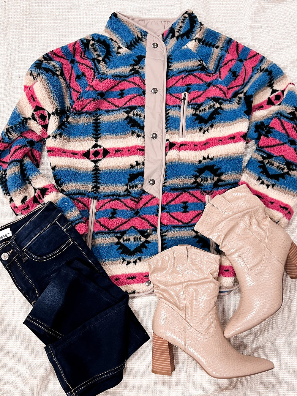 Aztec Fleece Snap Button Down Jacket-Jackets-Krush Kandy, Women's Online Fashion Boutique Located in Phoenix, Arizona (Scottsdale Area)