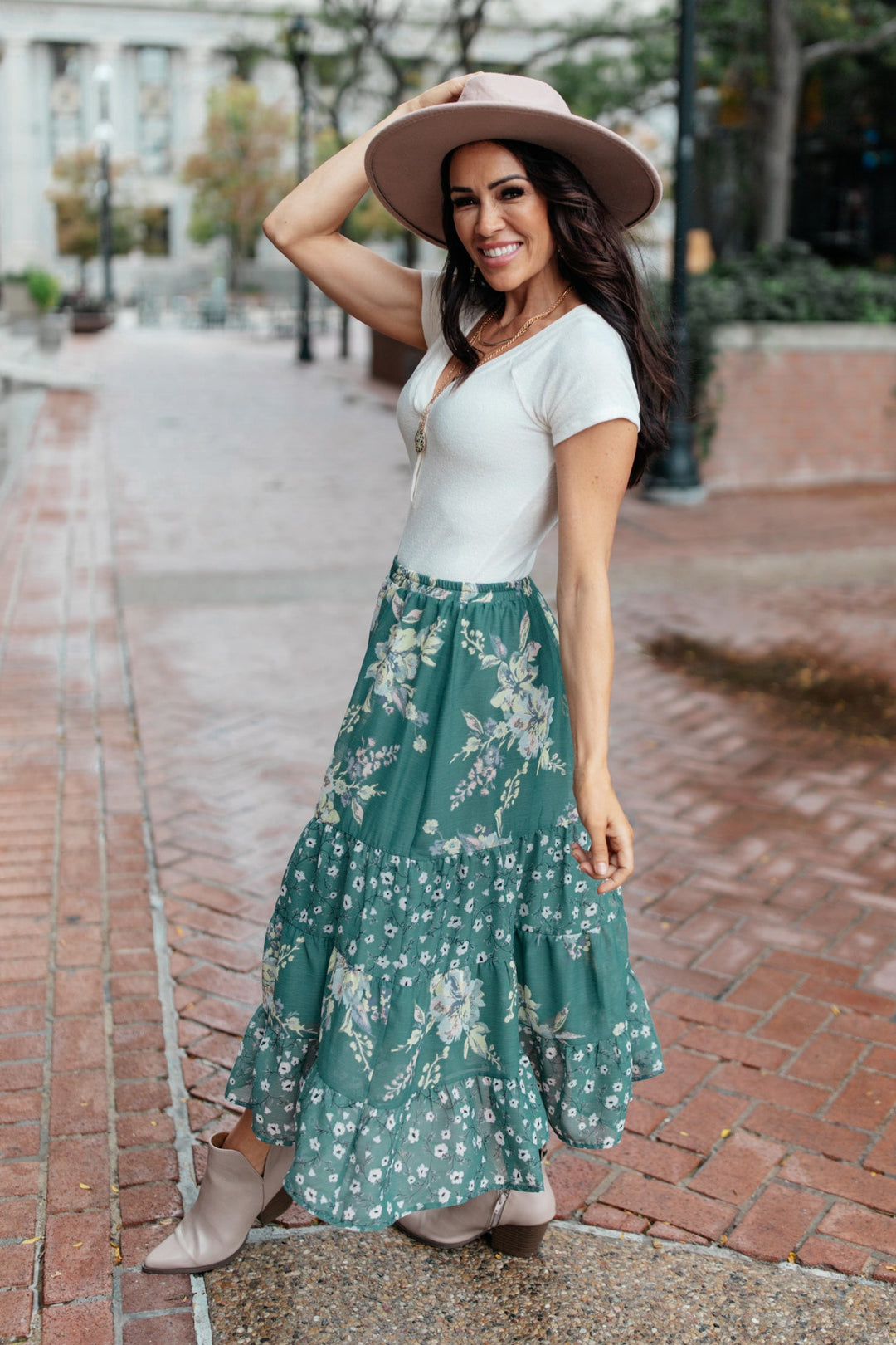 Zoe Floral Midi Skirt in Hunter Green-Skirts-Krush Kandy, Women's Online Fashion Boutique Located in Phoenix, Arizona (Scottsdale Area)