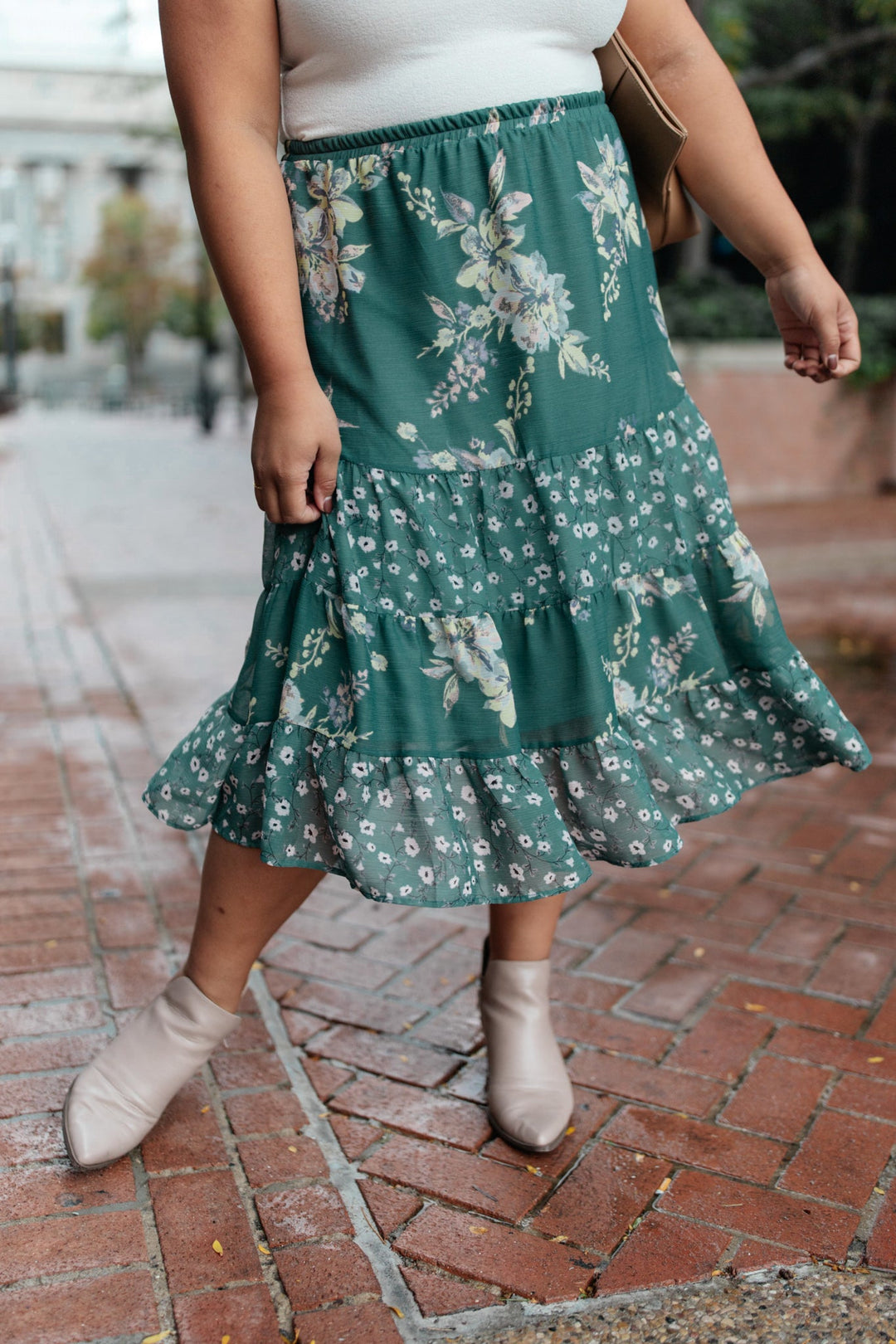 Zoe Floral Midi Skirt in Hunter Green-Skirts-Krush Kandy, Women's Online Fashion Boutique Located in Phoenix, Arizona (Scottsdale Area)