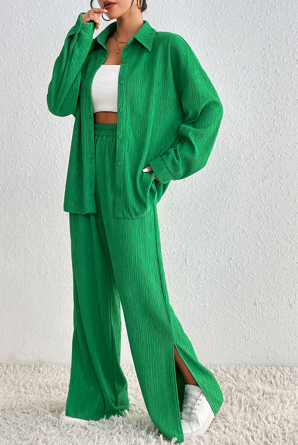 Collared Neck Shirt and Slit Pants Set-2 Piece Outfit Sets-Krush Kandy, Women's Online Fashion Boutique Located in Phoenix, Arizona (Scottsdale Area)