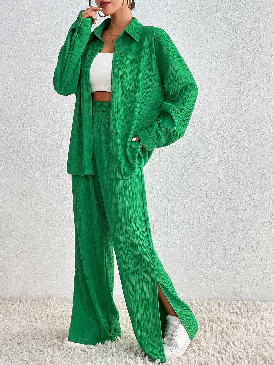 Collared Neck Shirt and Slit Pants Set-2 Piece Outfit Sets-Krush Kandy, Women's Online Fashion Boutique Located in Phoenix, Arizona (Scottsdale Area)