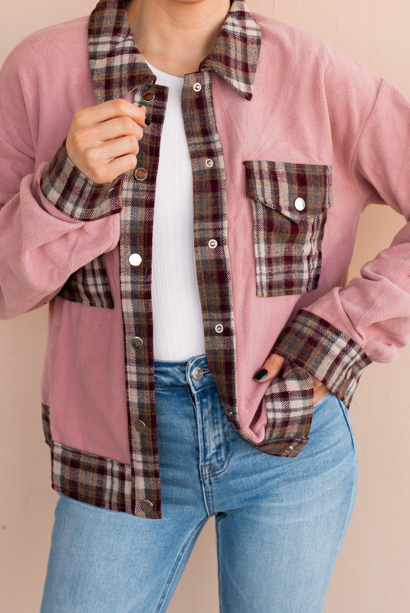 Contrast Plaid Snap Button Brushed | 2 Colors!-Long Sleeve Tops-Krush Kandy, Women's Online Fashion Boutique Located in Phoenix, Arizona (Scottsdale Area)