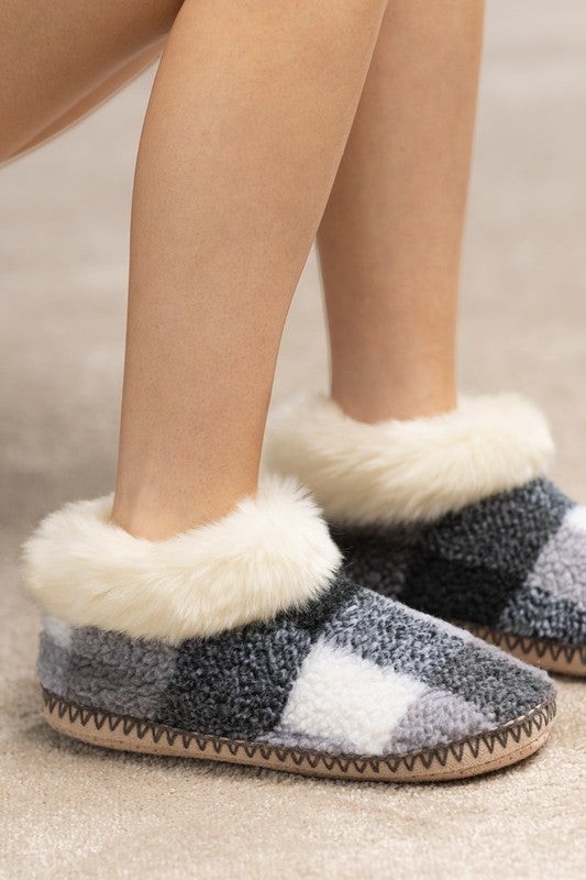 Slipping In The Snow Buffalo Check Fur Slippers-Slippers-Krush Kandy, Women's Online Fashion Boutique Located in Phoenix, Arizona (Scottsdale Area)