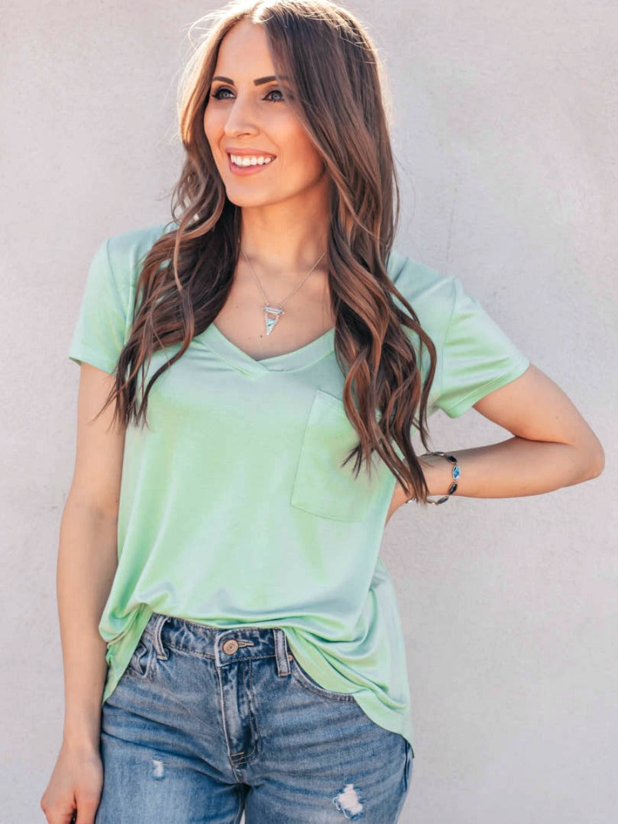 MONO B Forever Loved Long Line Deep V-Neck Pocket Shirt | S-3X, Multiple Colors-Short Sleeve Tops-Krush Kandy, Women's Online Fashion Boutique Located in Phoenix, Arizona (Scottsdale Area)