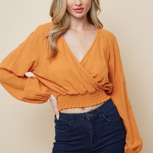 (2 Colors) Not Over It Overlap W/ Smocking Linen Top-Long Sleeve Tops-Krush Kandy, Women's Online Fashion Boutique Located in Phoenix, Arizona (Scottsdale Area)