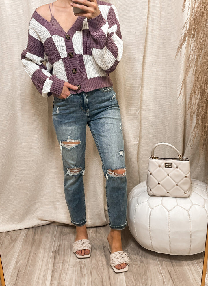 Checkered Print Sweater Cardigan-Sweaters-Krush Kandy, Women's Online Fashion Boutique Located in Phoenix, Arizona (Scottsdale Area)